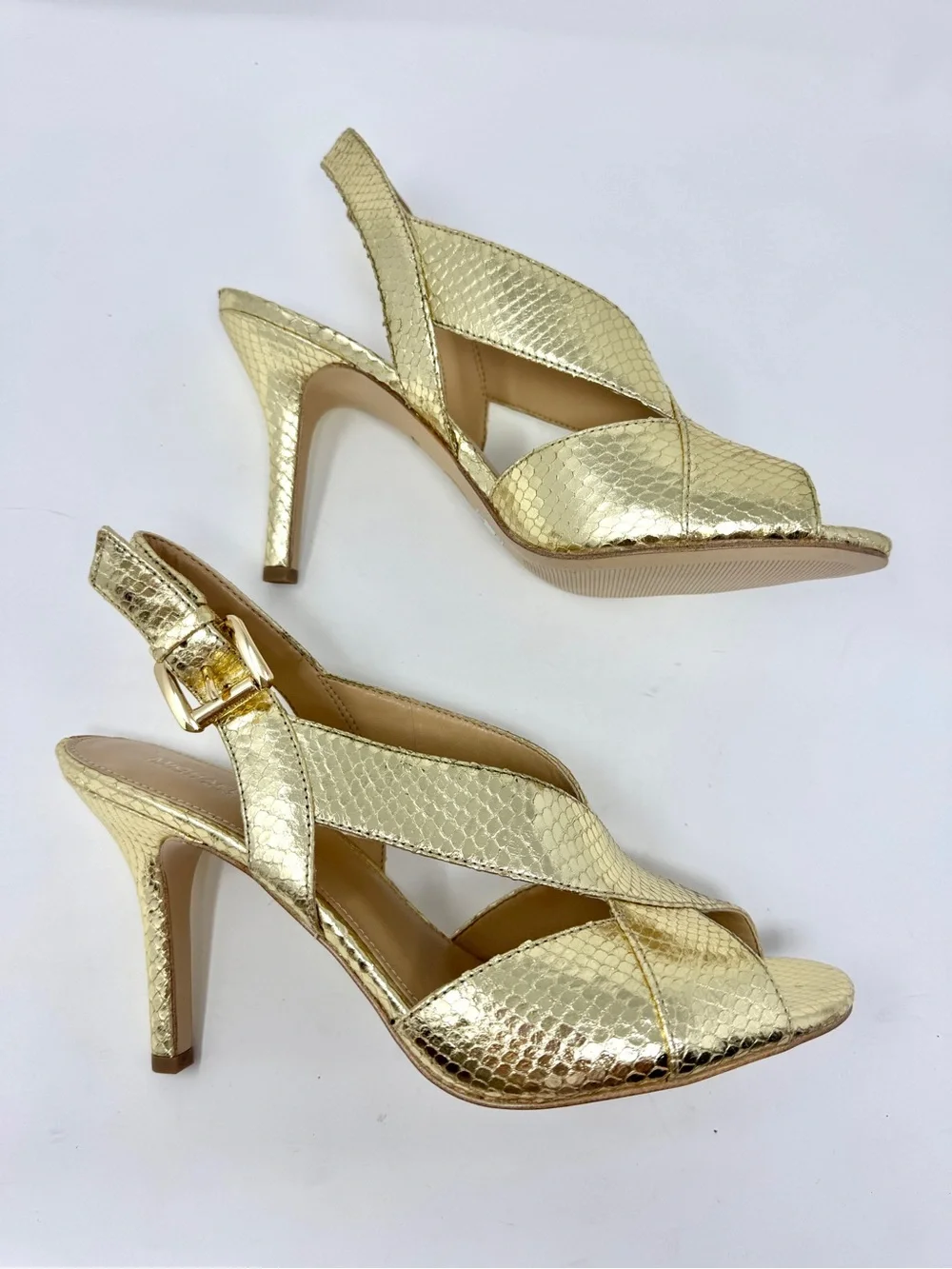 Michael Kors Gold Metallic Snake Embossed Slingback Heels Sandal Size 10 - Picture 3 of 10